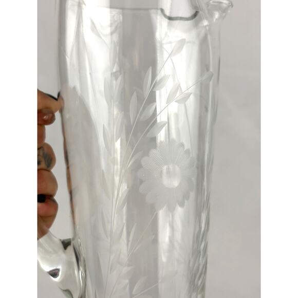 Vintage Mid Century Modern Floral Etched Tall Glass Pitcher 9" Hand Blown - Picture 5 of 13